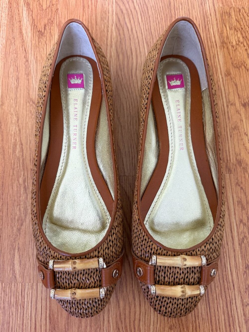 Elaine Turner: Raffia ballet flat bamboo buckle; Size 8 1/2